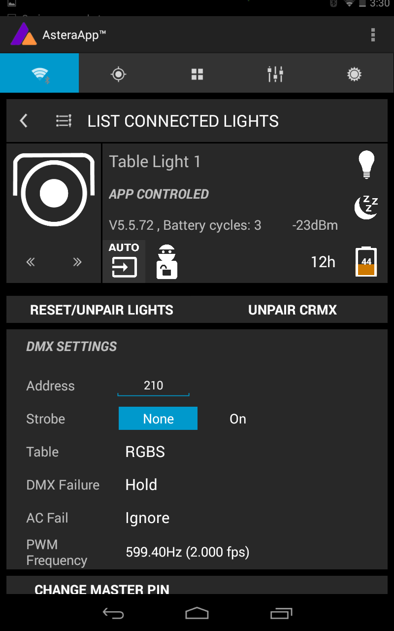 Astera ART7 APP List connected  Akku